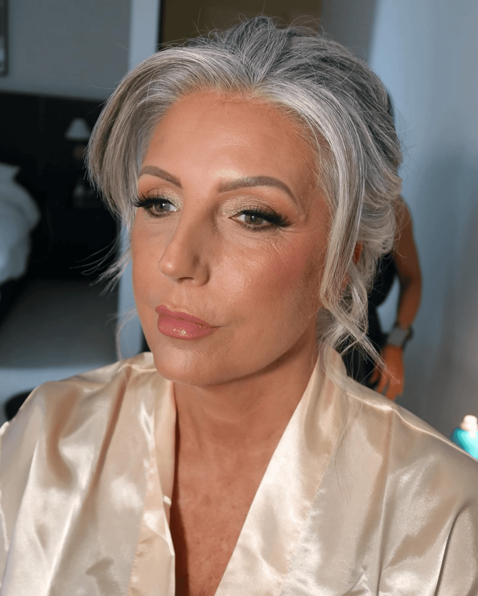 soft silver swept updo